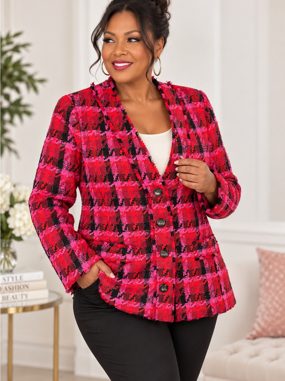 Ann Taylor Tweed Blazer Size 12 Pink Red Black Plaid With A Frayed Trim